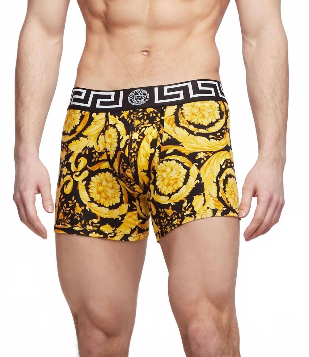 NEW VERSACE jersey stretch barocco trunks in black/yellow